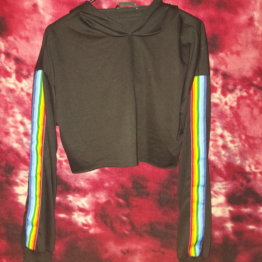 Black Hoodie Cropped with Rainbow Sleeve Stripes